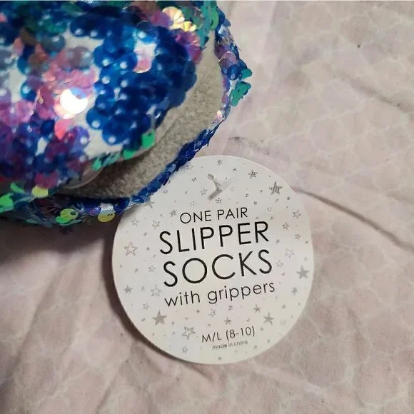 Nwt Women's Penguin Flip Sequin Pull-On Slipper Socks - Blue/Gray M/L 8-10 - Picture 4 of 4
